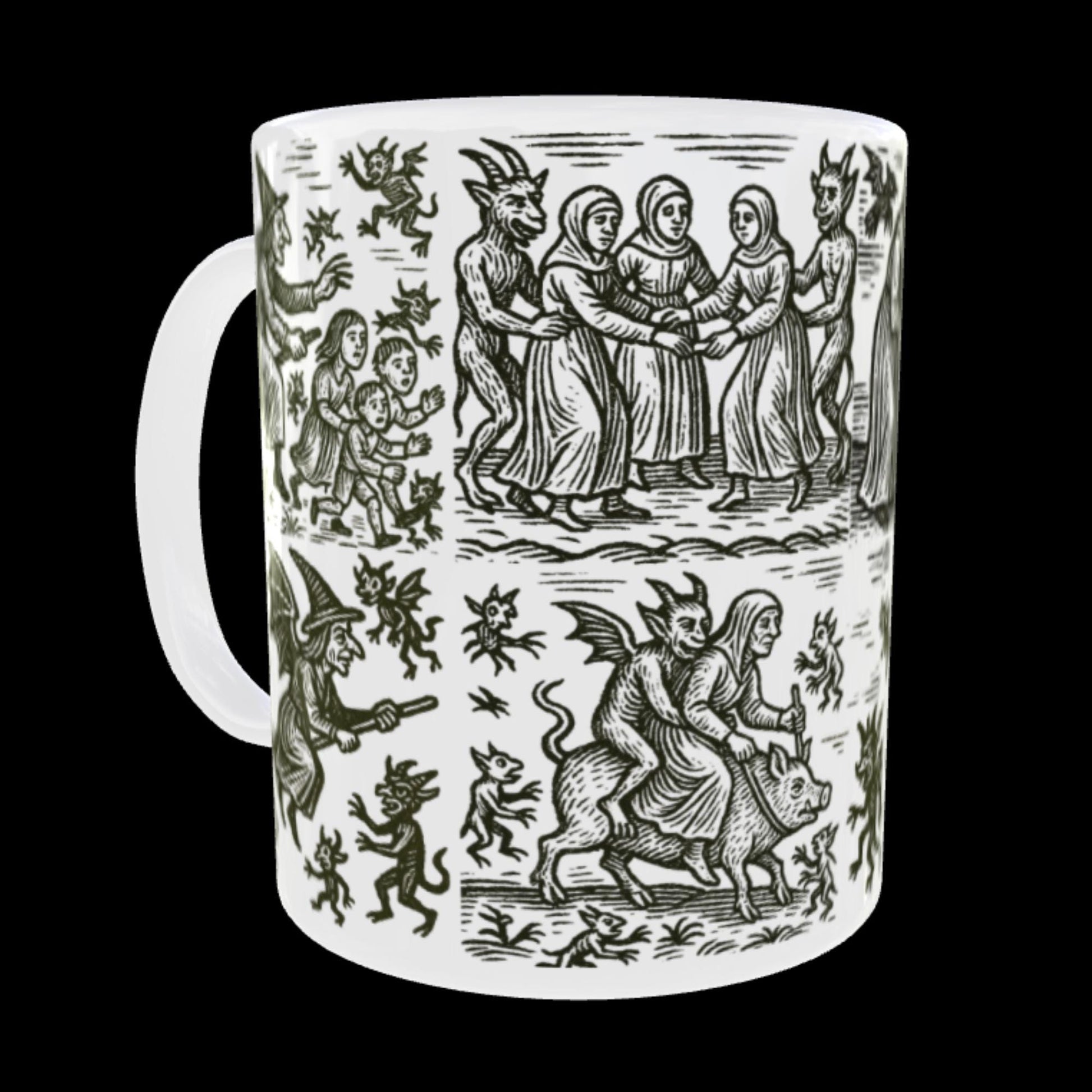Ceramic cup with medieval witch illustration