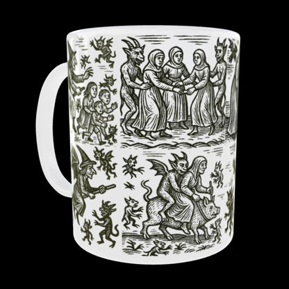 Ceramic cup with medieval witch illustration