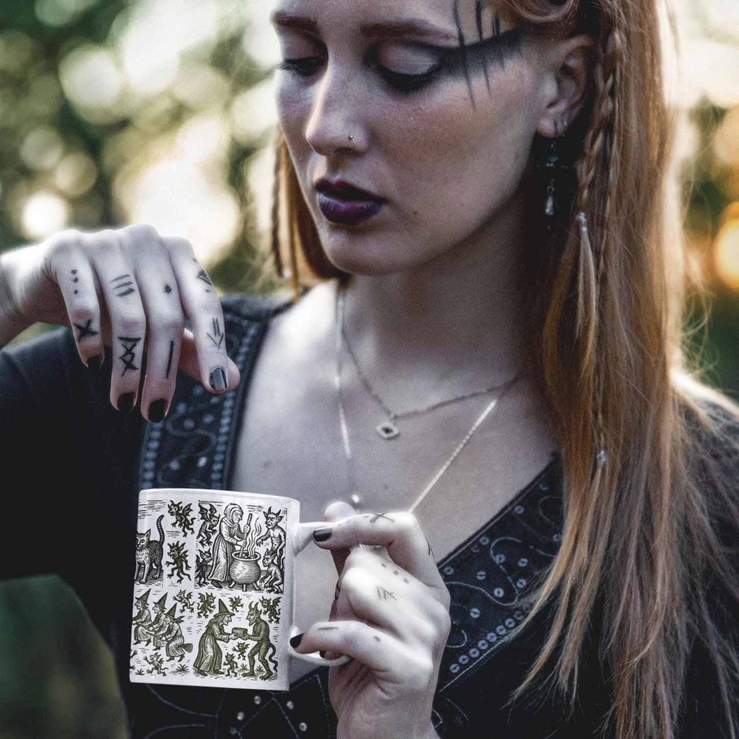 Unique gothic woodcut design ceramic mug