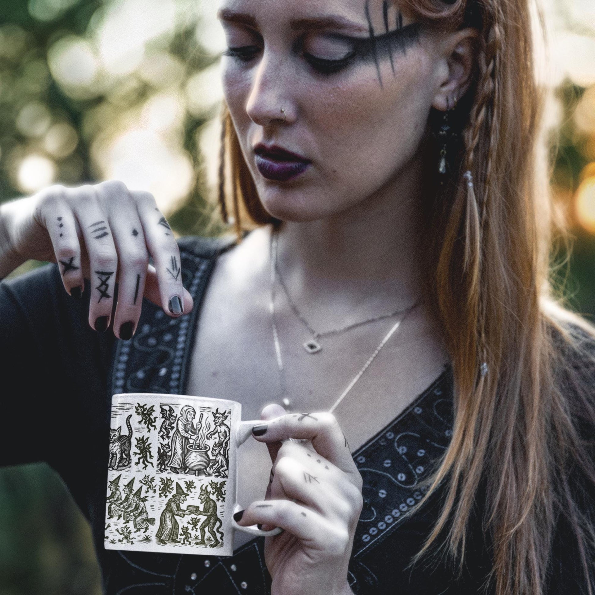 Unique gothic woodcut design ceramic mug