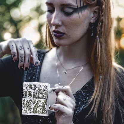 Unique gothic woodcut design ceramic mug