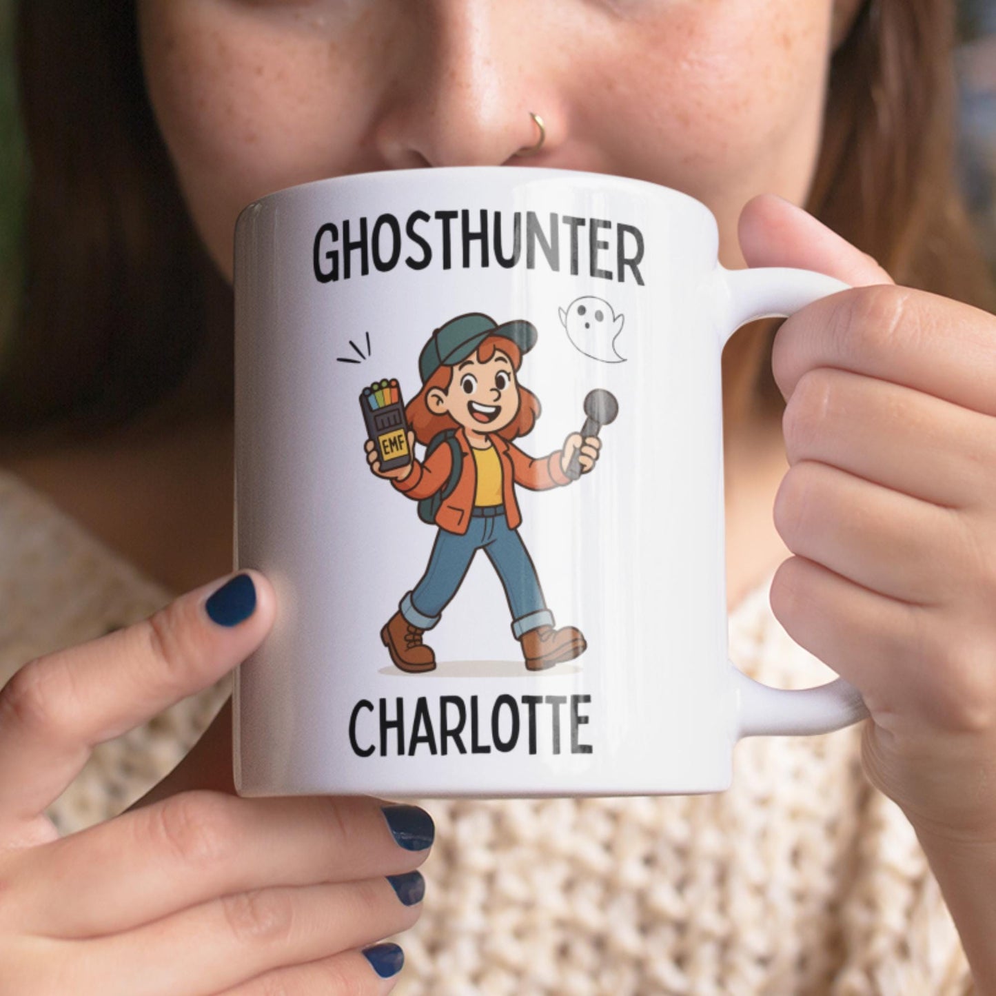Paranormal investigator mug with cartoon ghost design