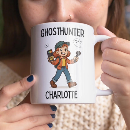 Paranormal investigator mug with cartoon ghost design