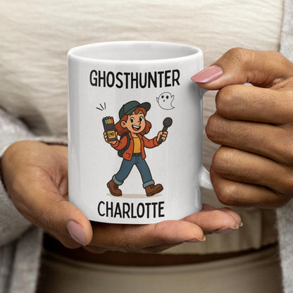 Personalised ghost chaser mug with EMF detector illustration