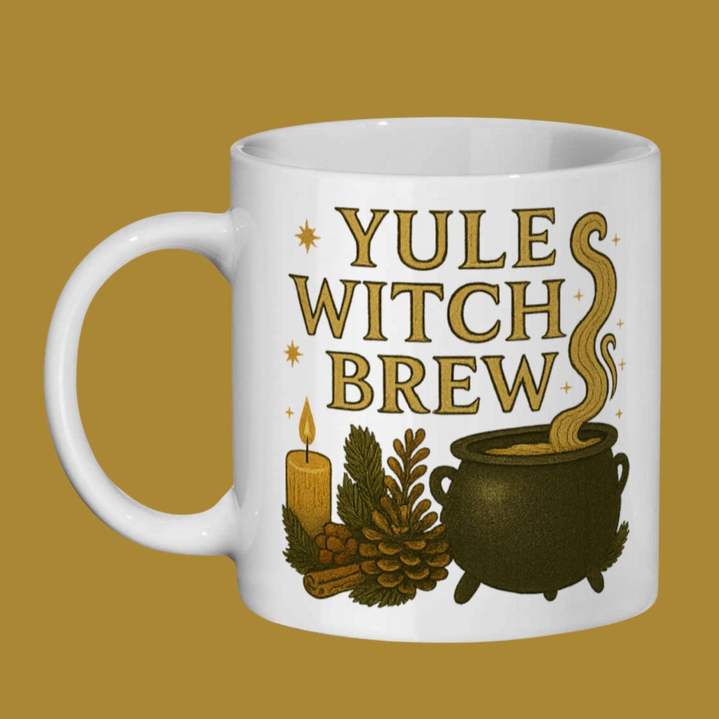 Yule Witch Brew mug with cauldron and candle design