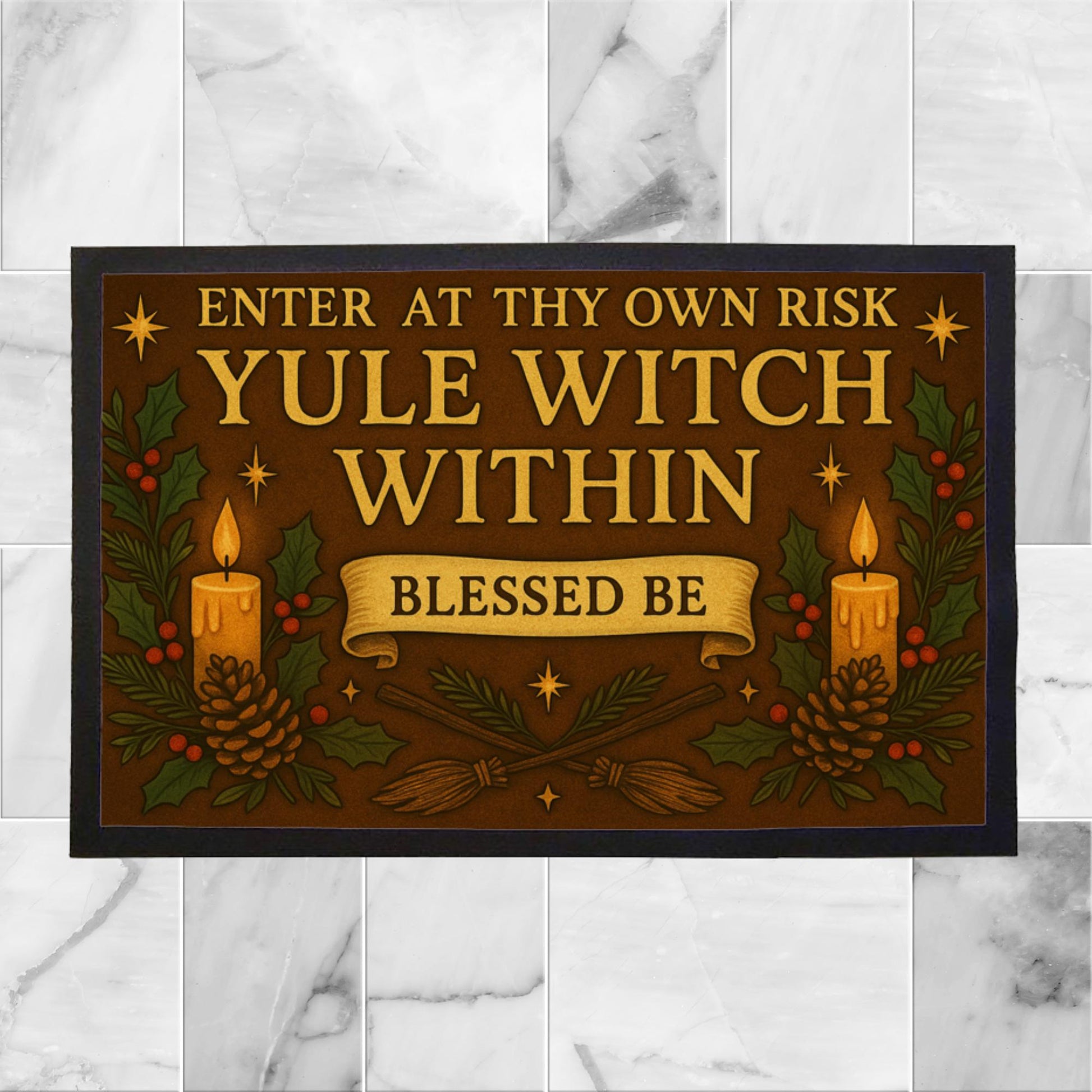 Yule Witch Indoor Doormat – Enter at Thy Own Risk, Witchy Pagan Yule Décor, Winter Solstice Gift