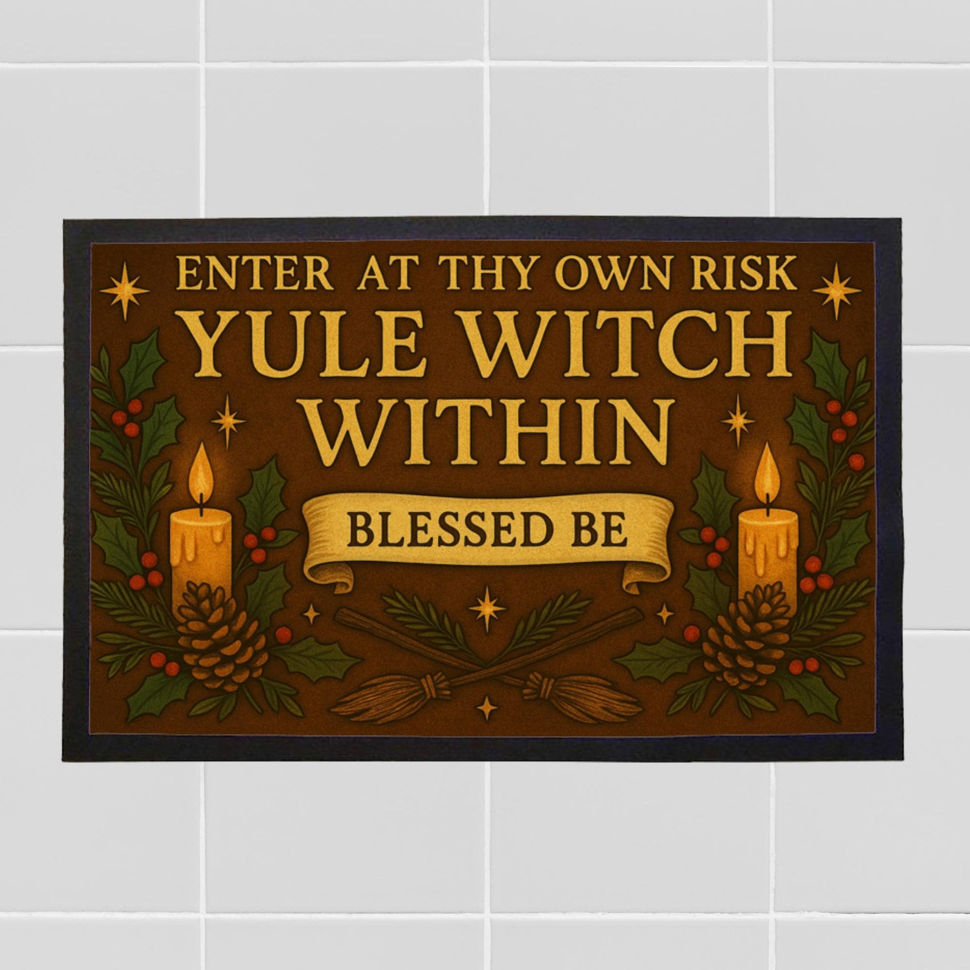Yule Witch Indoor Doormat – Enter at Thy Own Risk, Witchy Pagan Yule Décor, Winter Solstice Gift