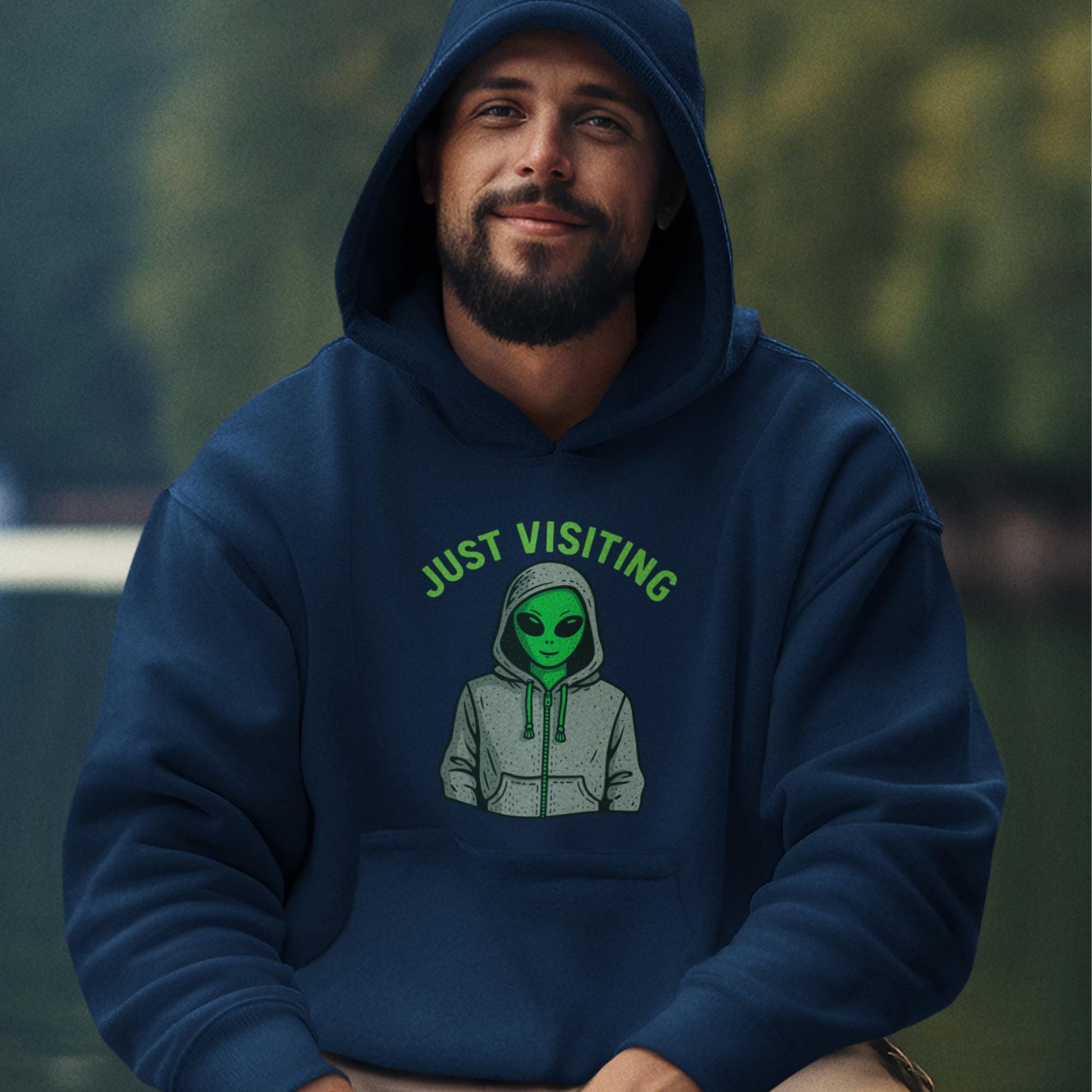 Green alien graphic hoodie for men