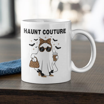 White ceramic mug with fashion ghost illustration