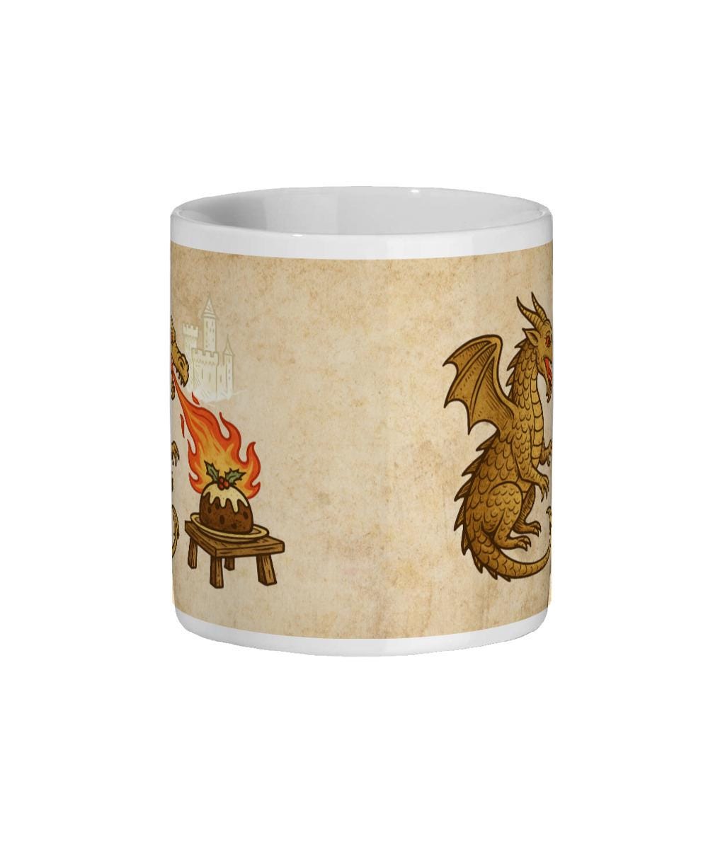 Fantasy dragon mug with castle and flaming Christmas pudding