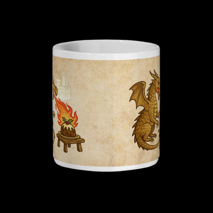 Funny Christmas dragon mug with medieval-style illustration