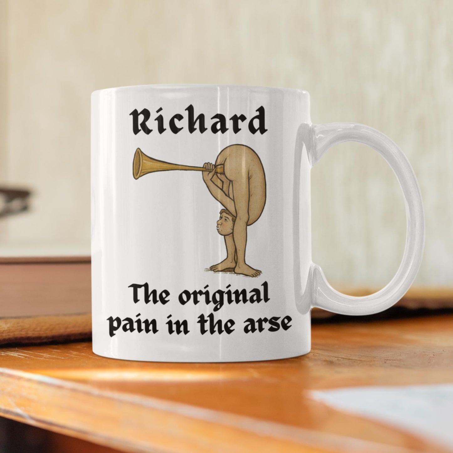 Personalised Medieval Butt Trumpet Mug, Coaster & Keyring 