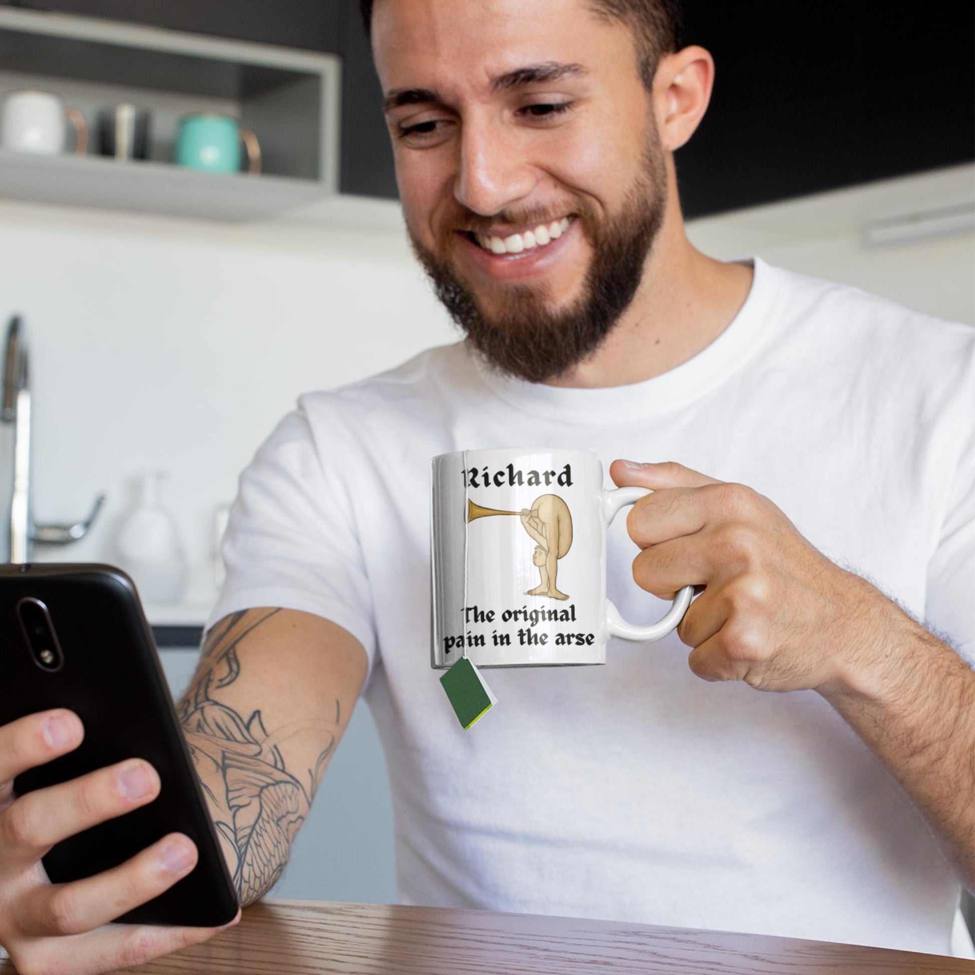 Personalised Medieval Butt Trumpet Mug, Coaster & Keyring 