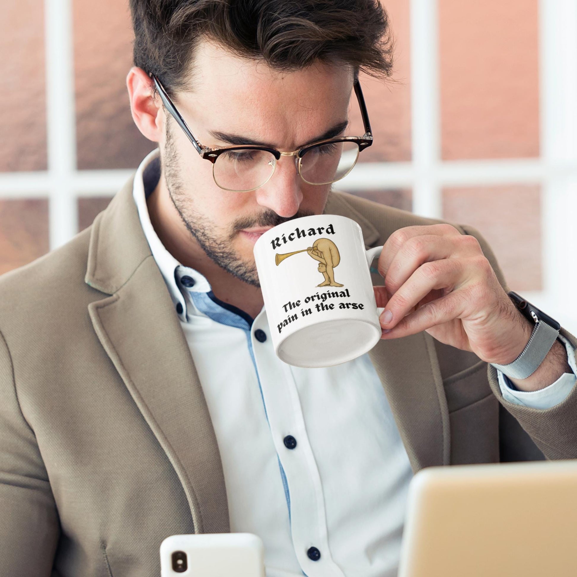 Personalised Medieval Butt Trumpet Mug, Coaster & Keyring 