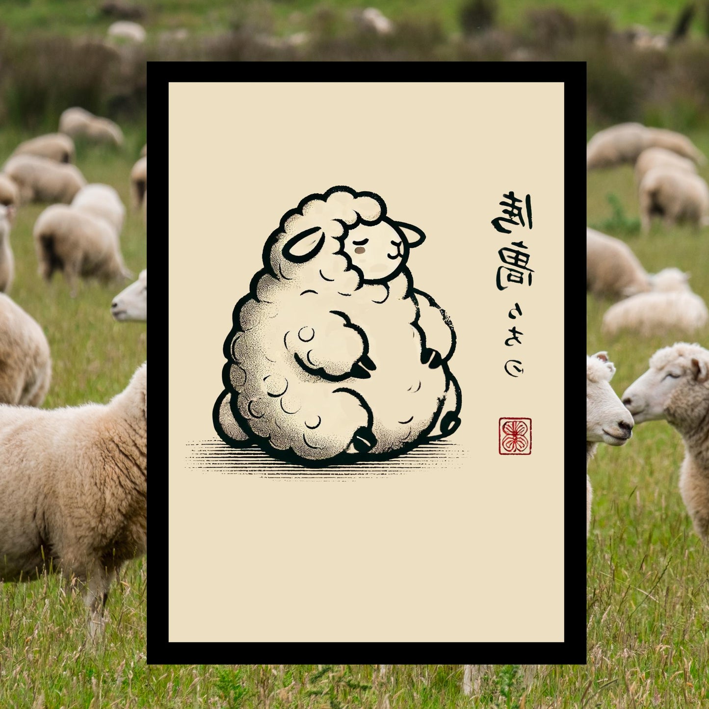 Minimalist oriental wall print for sheep enthusiasts