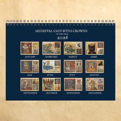 Medieval Cats with Crowns Calendar 2026, Quirky Weird Art Gift, Funny Historical Cat Artwork