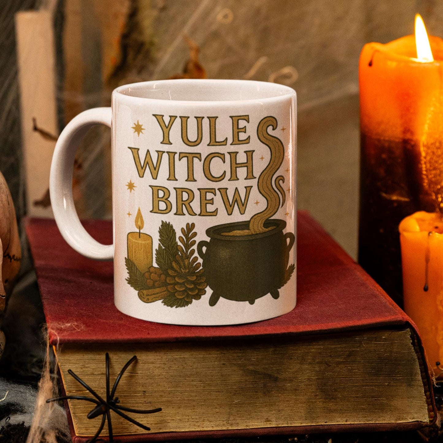 Cauldron and pine cone witch mug design