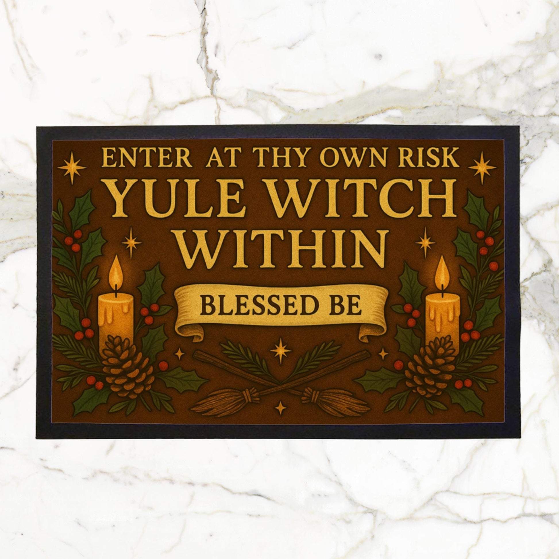 Yule Witch Indoor Doormat – Enter at Thy Own Risk, Witchy Pagan Yule Décor, Winter Solstice Gift