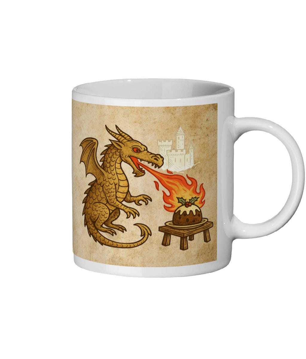 Medieval fantasy mug featuring dragon and Christmas pudding