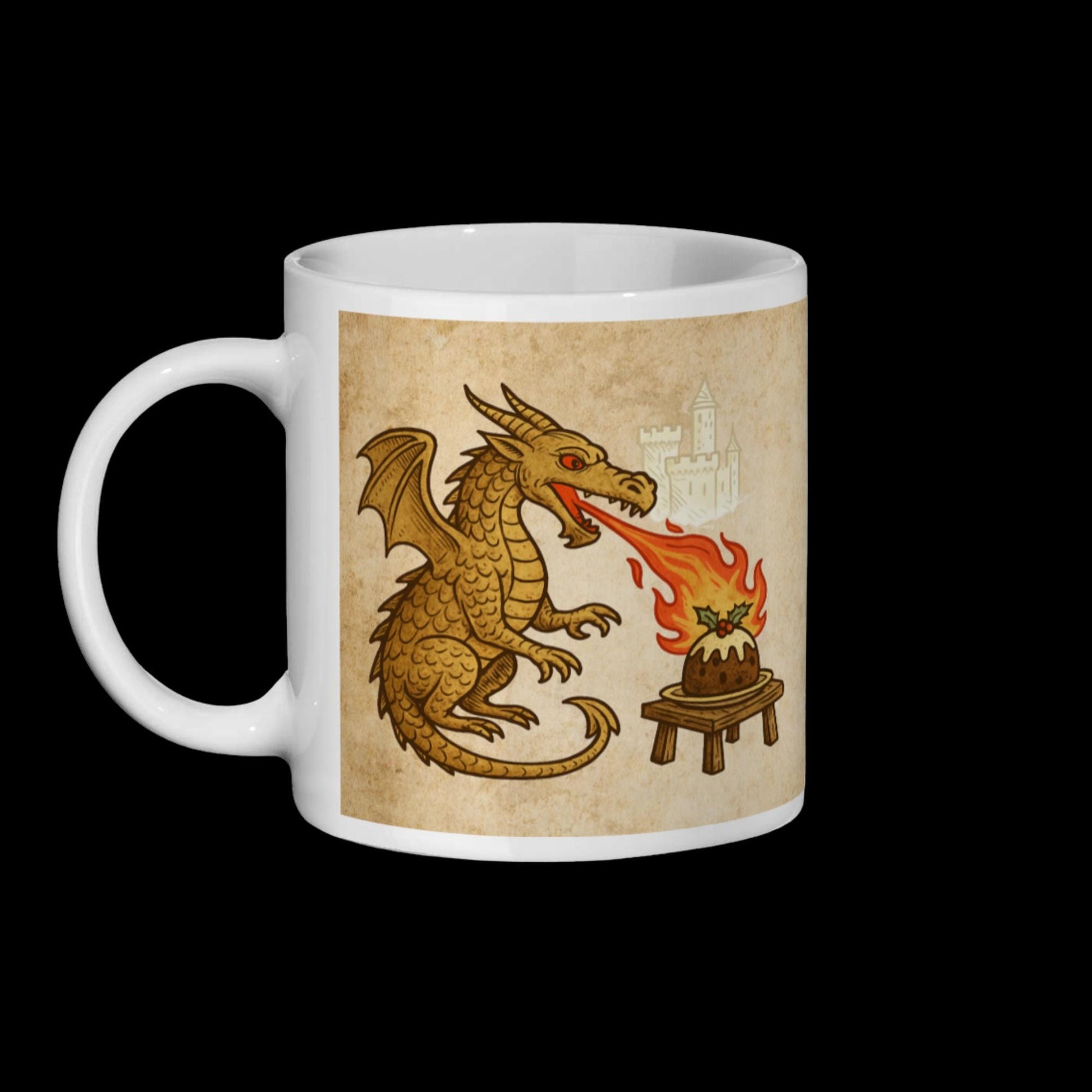 Unique Christmas pudding mug with dragon fire design