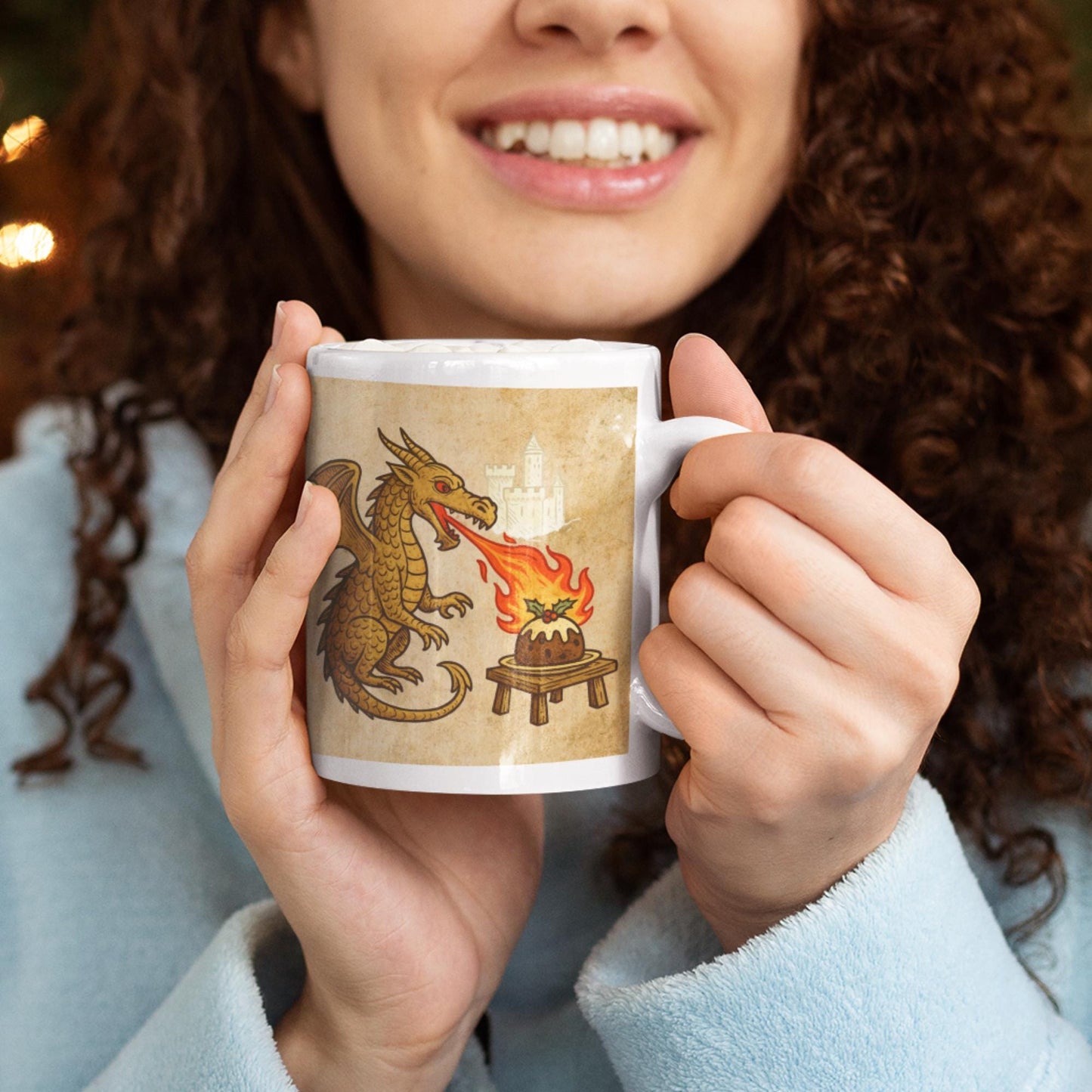 Fire-breathing dragon toasting Christmas pudding, funny holiday mug