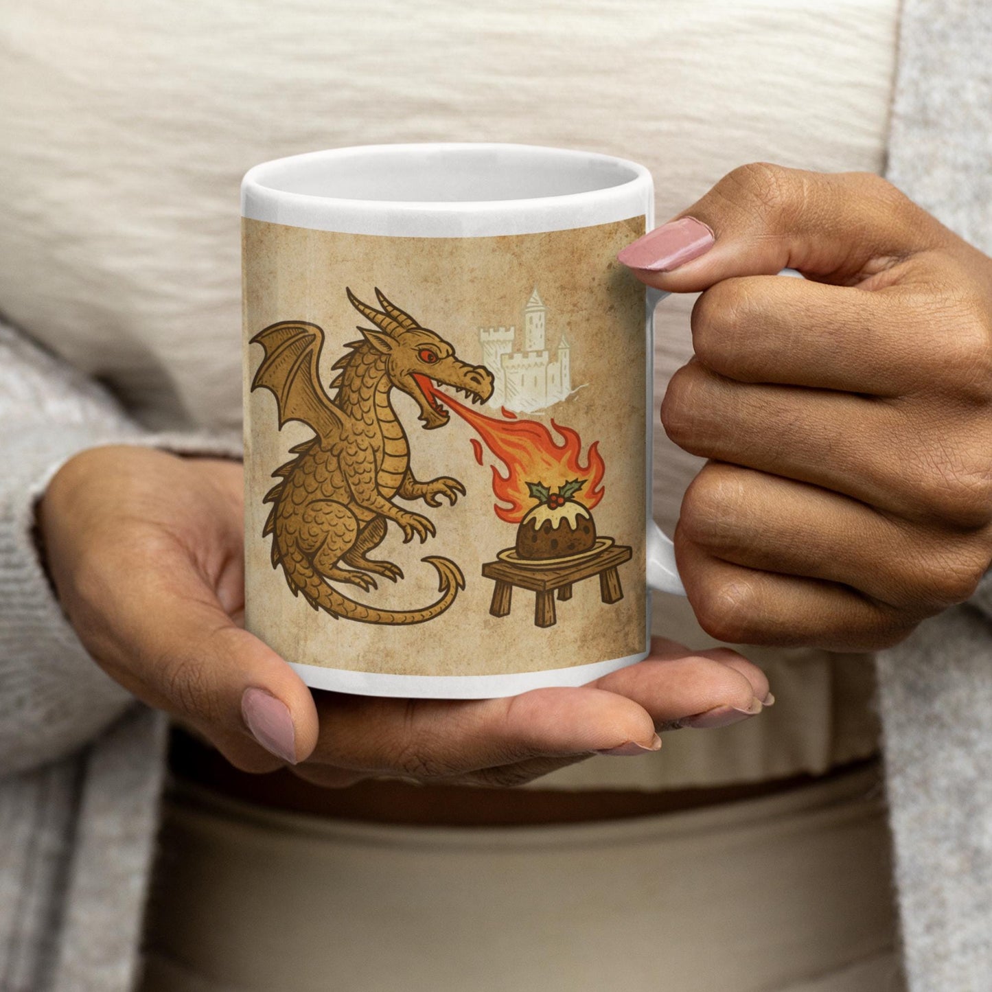 Dragon lighting Christmas pudding with fire, medieval art design