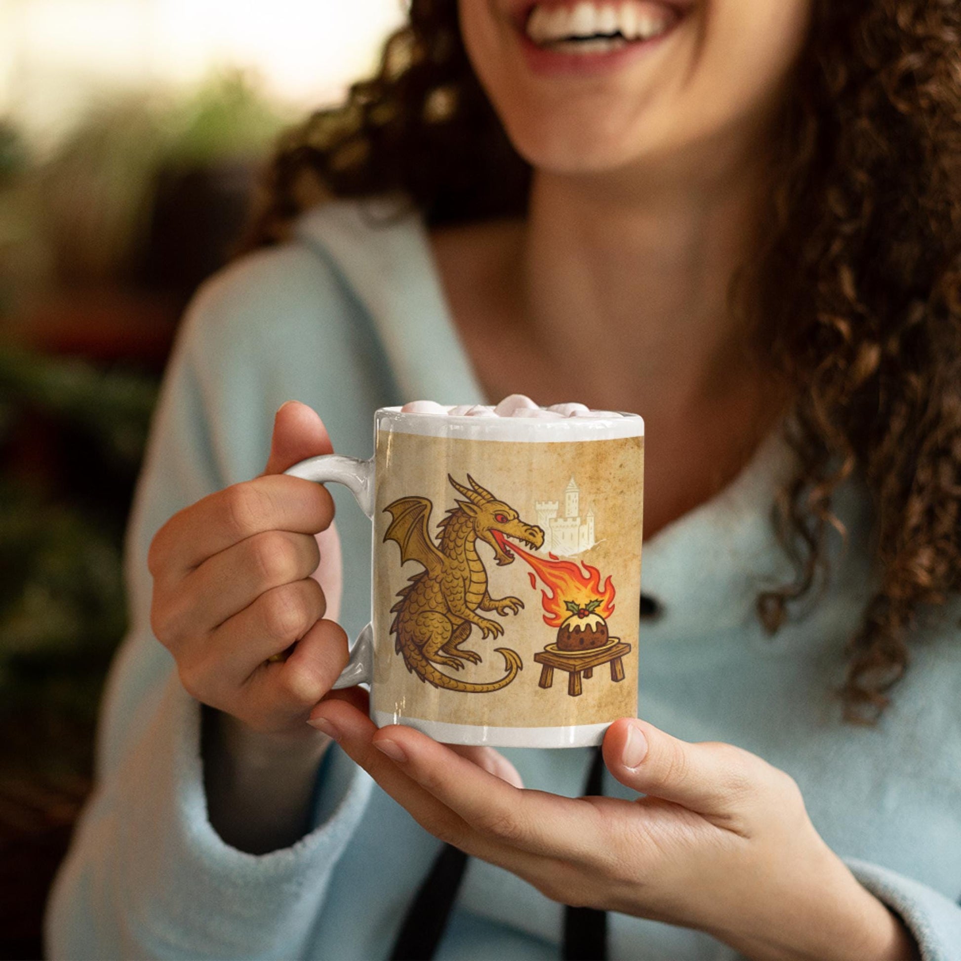 Funny medieval Christmas mug with dragon breathing flames