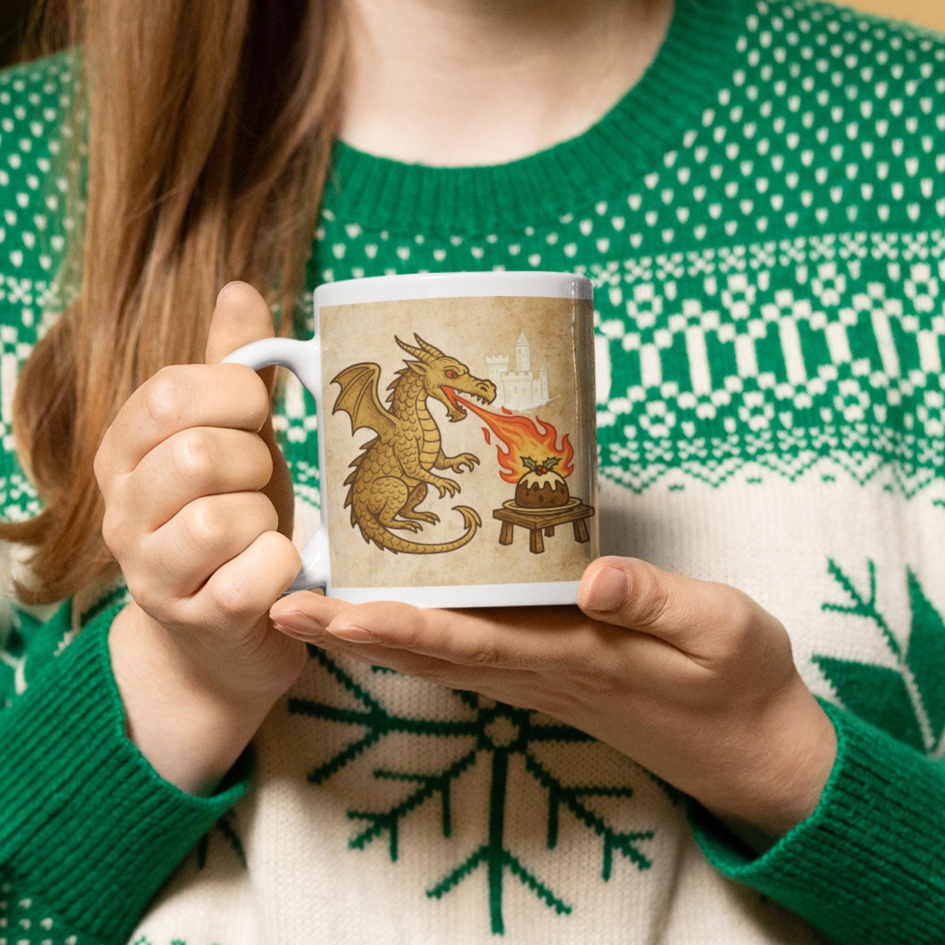 Medieval dragon breathing fire onto a flaming Christmas pudding mug