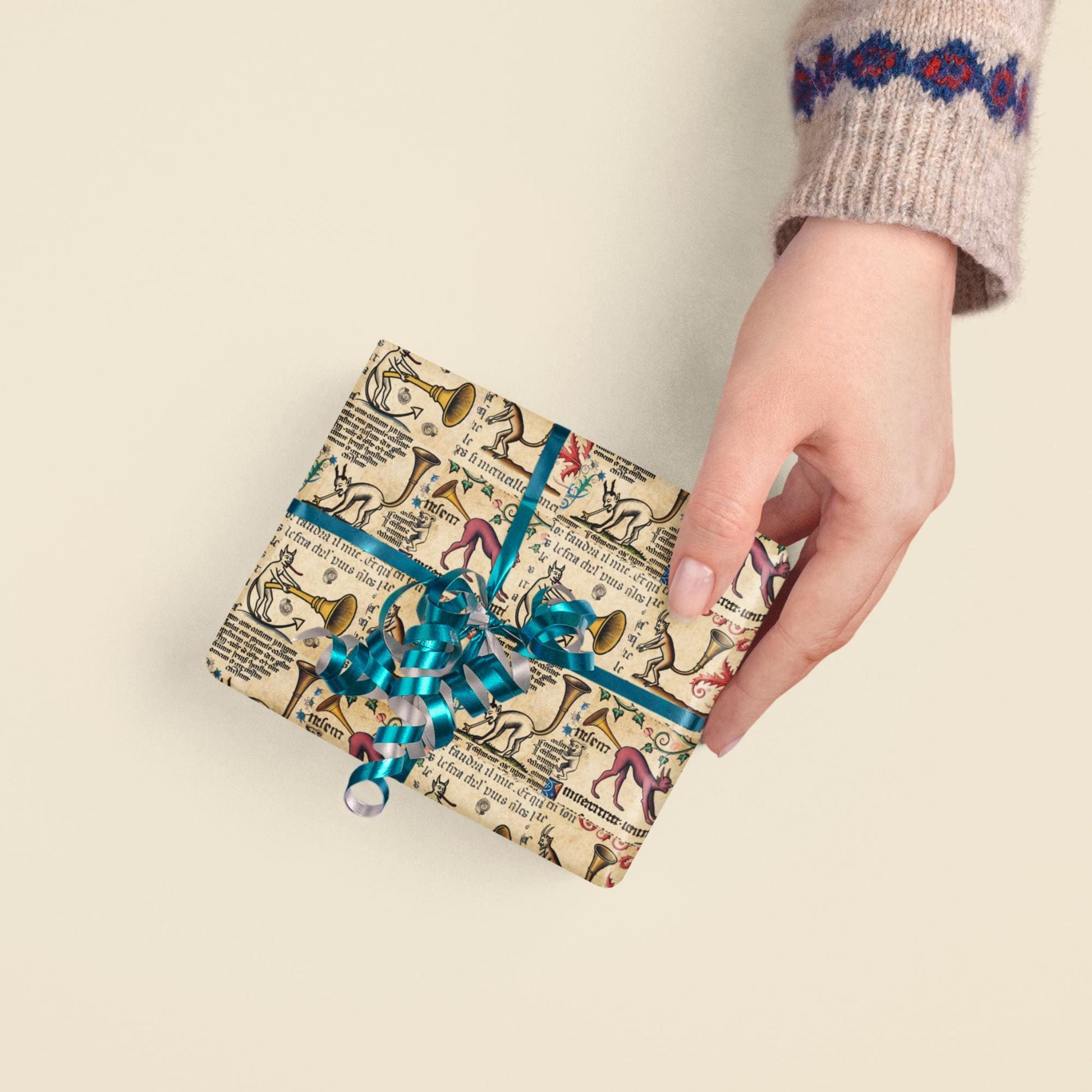Illuminated manuscript demon pattern gift wrap, funny medieval trumpets design.