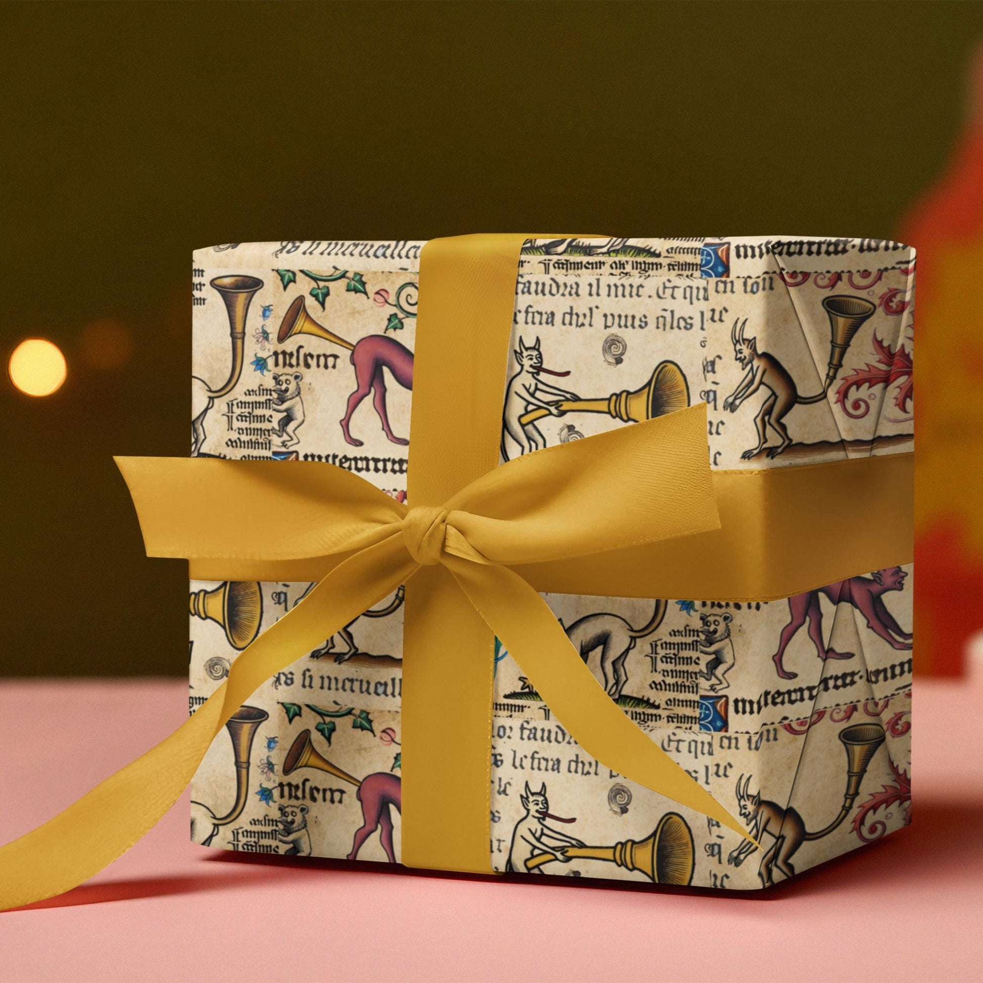 Premium medieval manuscript inspired wrapping paper featuring trumpet-playing demons.