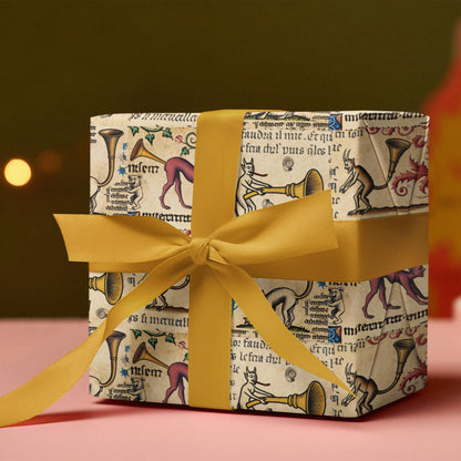 Premium medieval manuscript inspired wrapping paper featuring trumpet-playing demons.