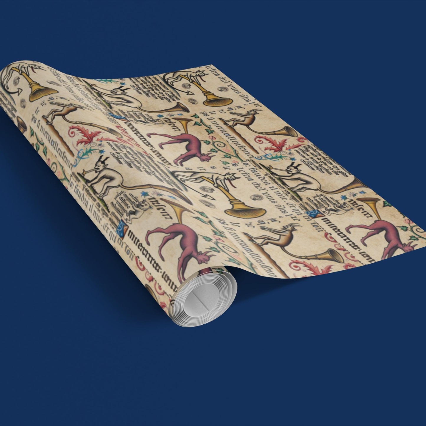 Gothic medieval demon art wrapping paper roll with hand-drawn manuscript text and horn illustrations.