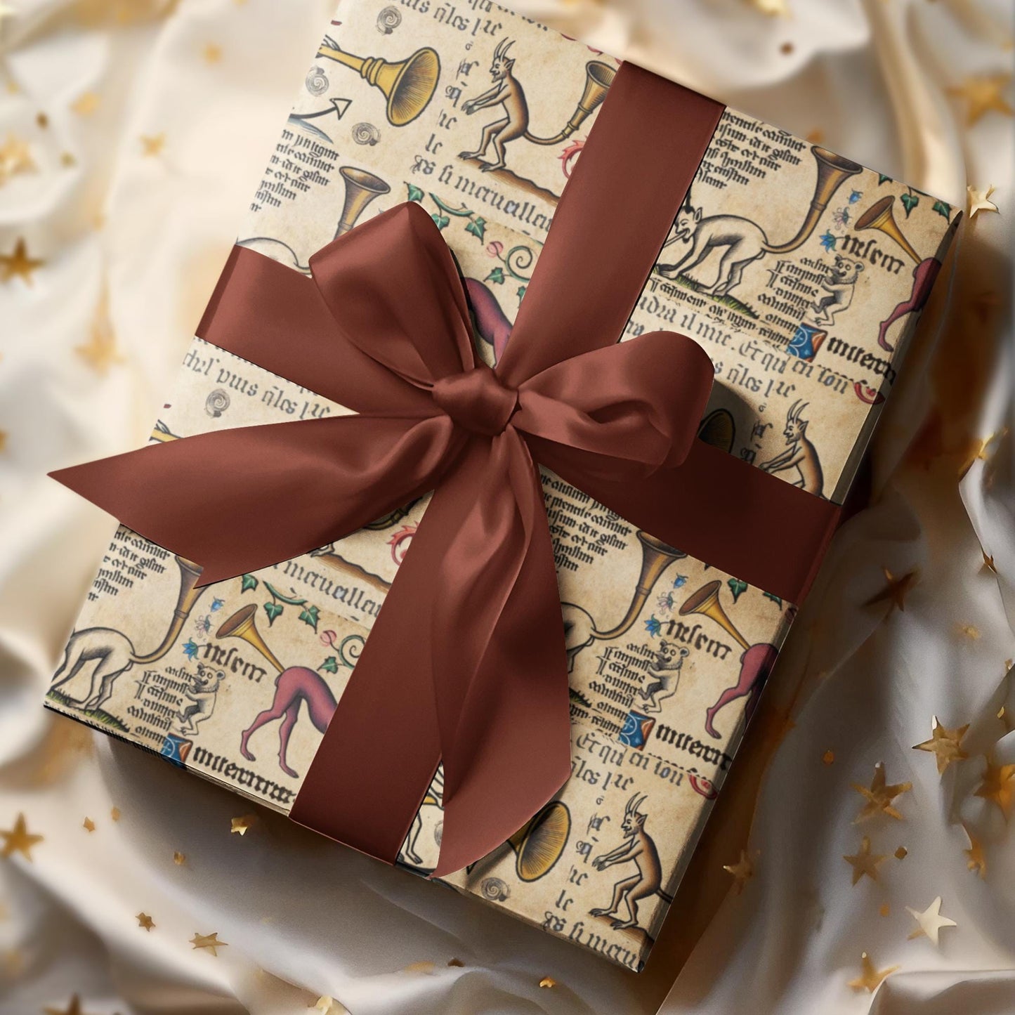 Giclée printed medieval trumpet demon wrapping paper roll, quirky weird historical design.