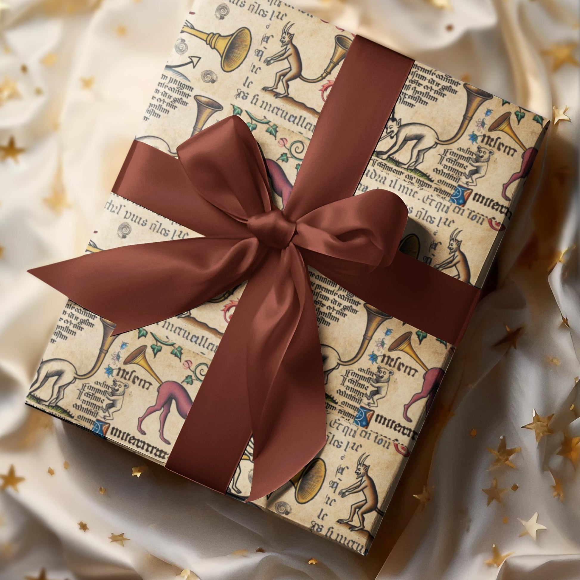 Giclée printed medieval trumpet demon wrapping paper roll, quirky weird historical design.