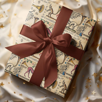 Giclée printed medieval trumpet demon wrapping paper roll, quirky weird historical design.