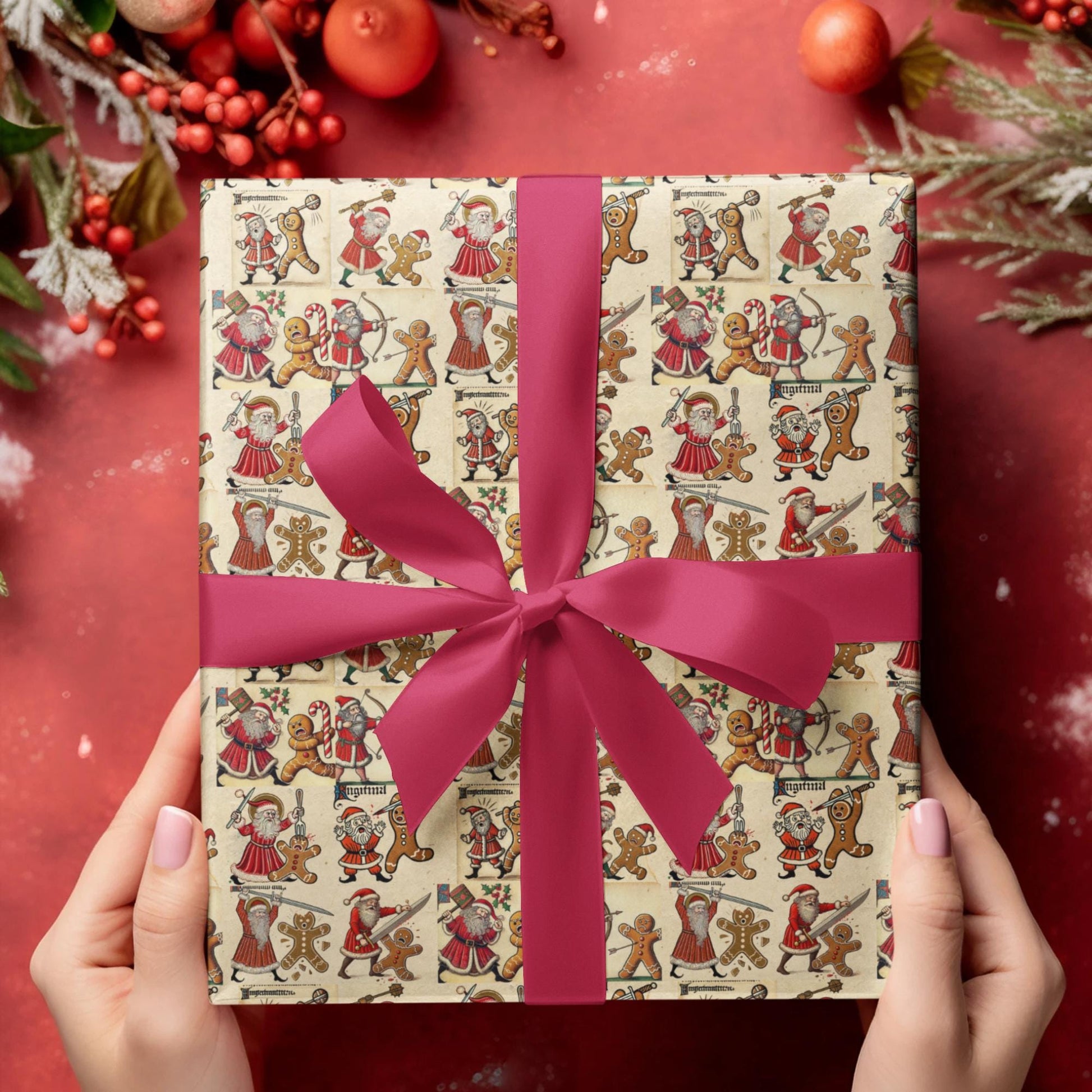 Funny medieval Christmas wrapping paper with Santa fighting gingerbread men on parchment.
