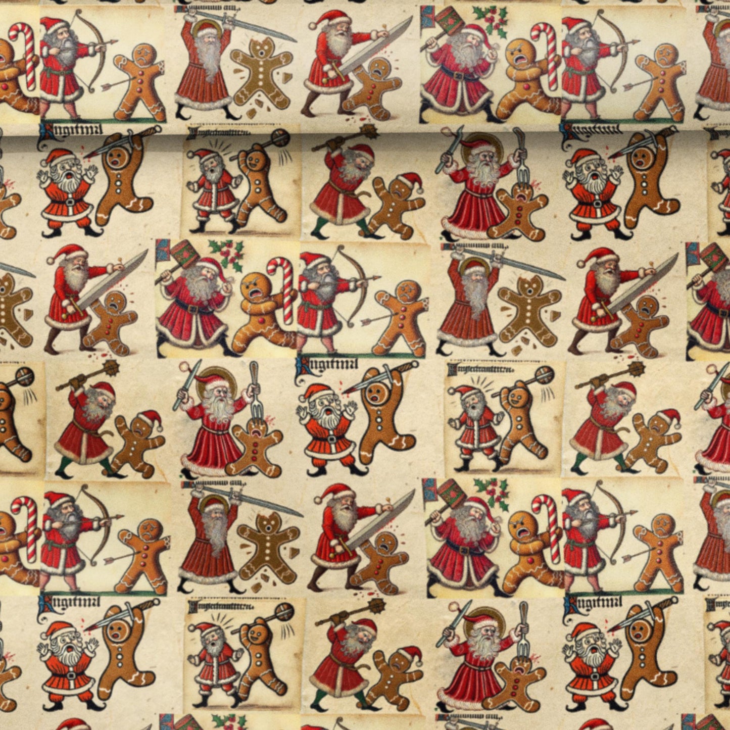 Quirky illuminated manuscript Christmas wrap featuring Santa and gingerbread warriors.