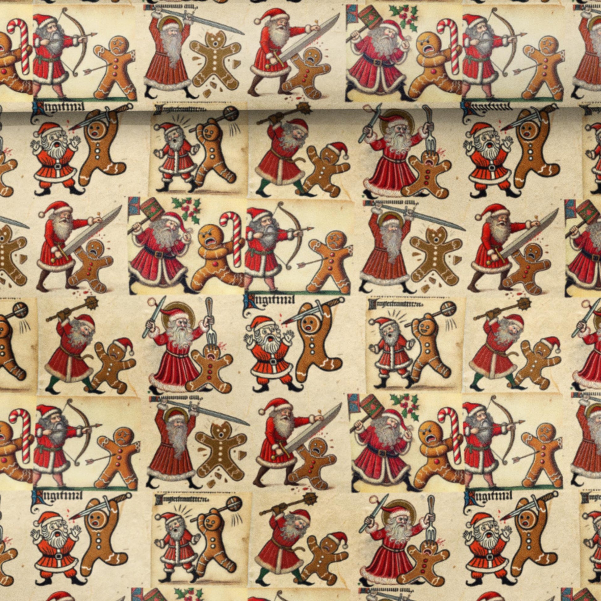 Quirky illuminated manuscript Christmas wrap featuring Santa and gingerbread warriors.