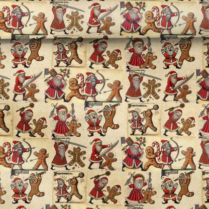 Quirky illuminated manuscript Christmas wrap featuring Santa and gingerbread warriors.