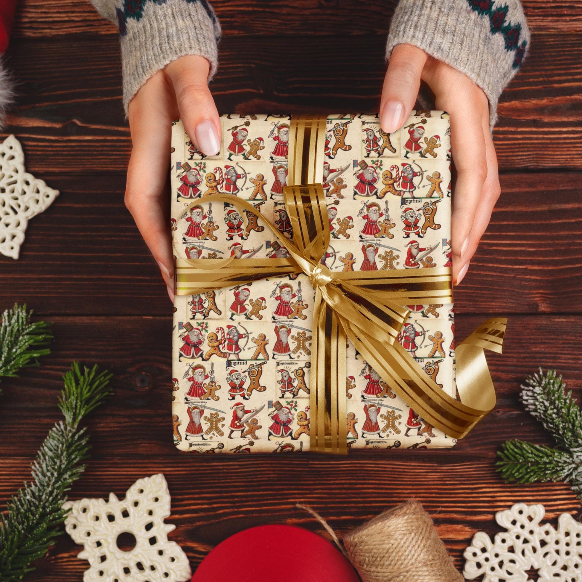 Santa vs gingerbread man medieval manuscript style Christmas wrapping paper, Giclée print.