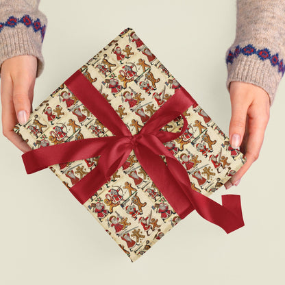 Humorous historical Christmas art wrapping paper, Santa sword fighting gingerbread cookie.
