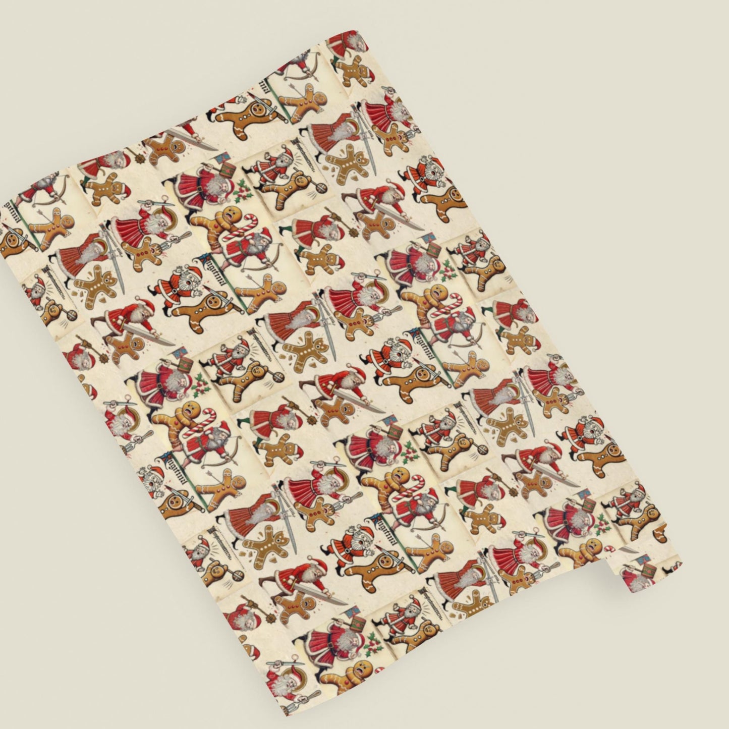 Medieval Santa battling gingerbread men wrapping paper, funny Christmas marginalia gift wrap roll