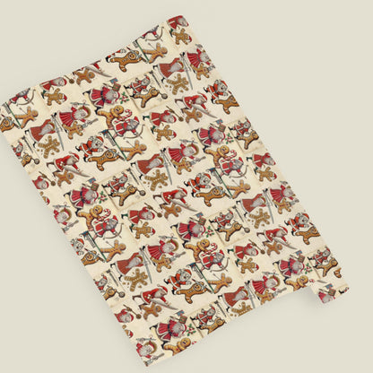 Medieval Santa battling gingerbread men wrapping paper, funny Christmas marginalia gift wrap roll