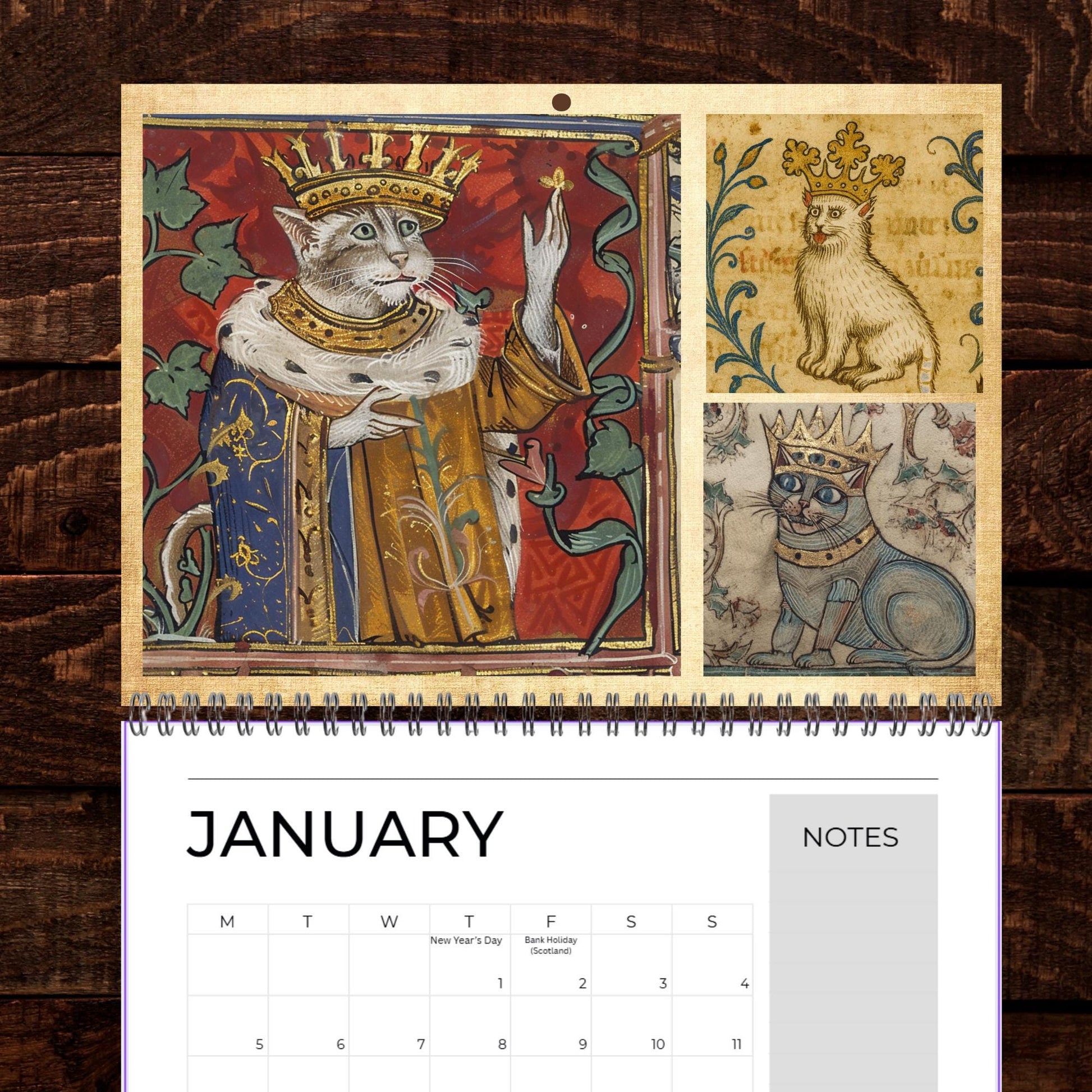 Medieval Cats with Crowns Calendar 2026, Quirky Weird Art Gift, Funny Historical Cat Artwork