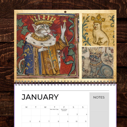 Medieval Cats with Crowns Calendar 2026, Quirky Weird Art Gift, Funny Historical Cat Artwork