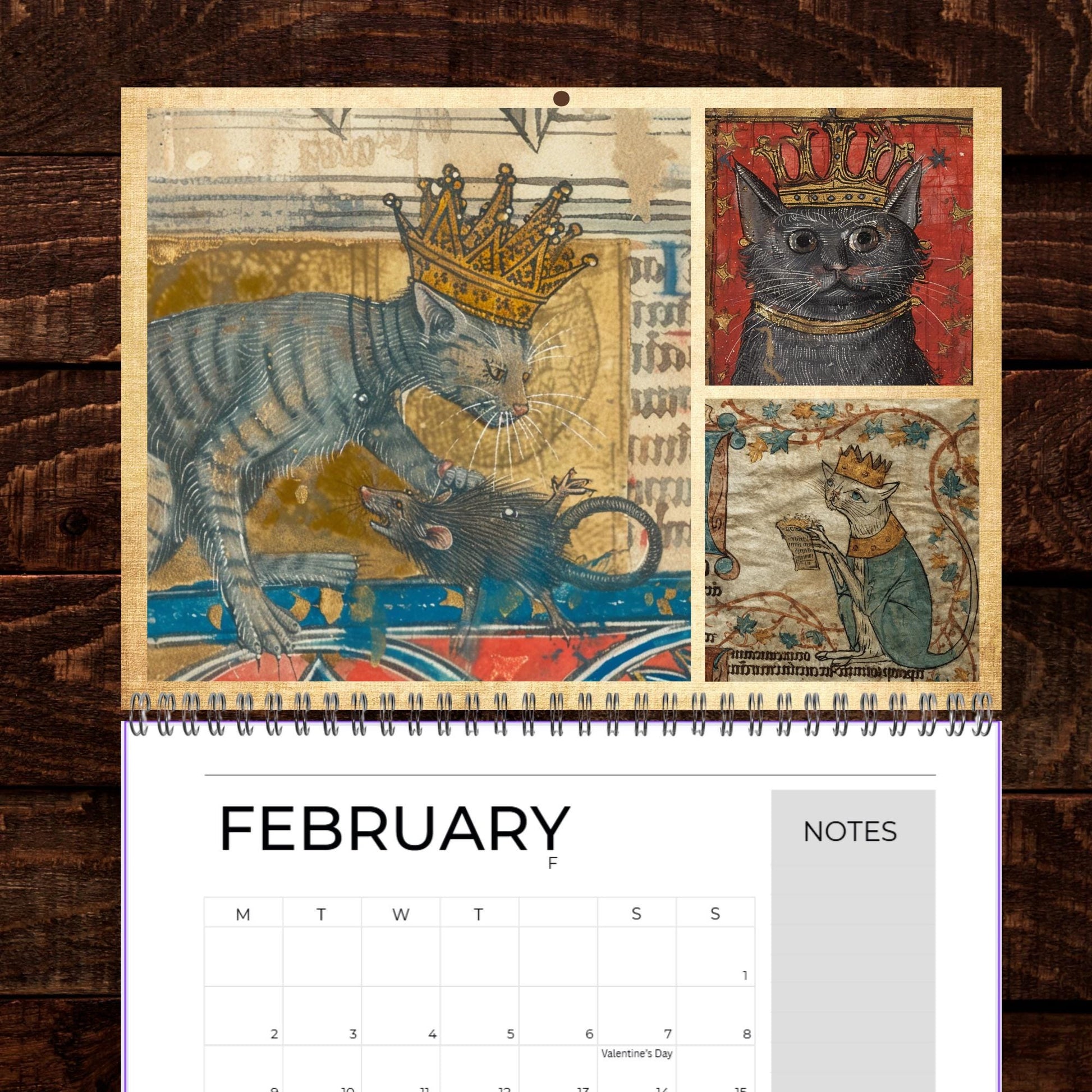 Medieval Cats with Crowns Calendar 2026, Quirky Weird Art Gift, Funny Historical Cat Artwork