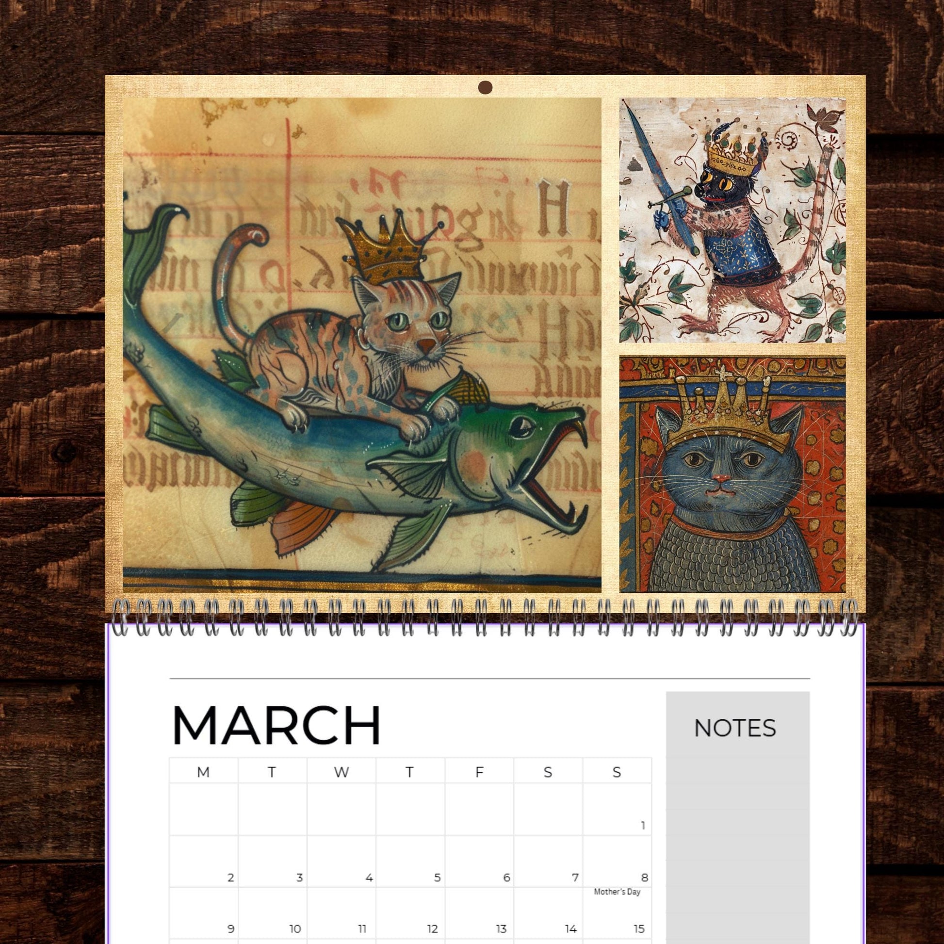 Medieval Cats with Crowns Calendar 2026, Quirky Weird Art Gift, Funny Historical Cat Artwork