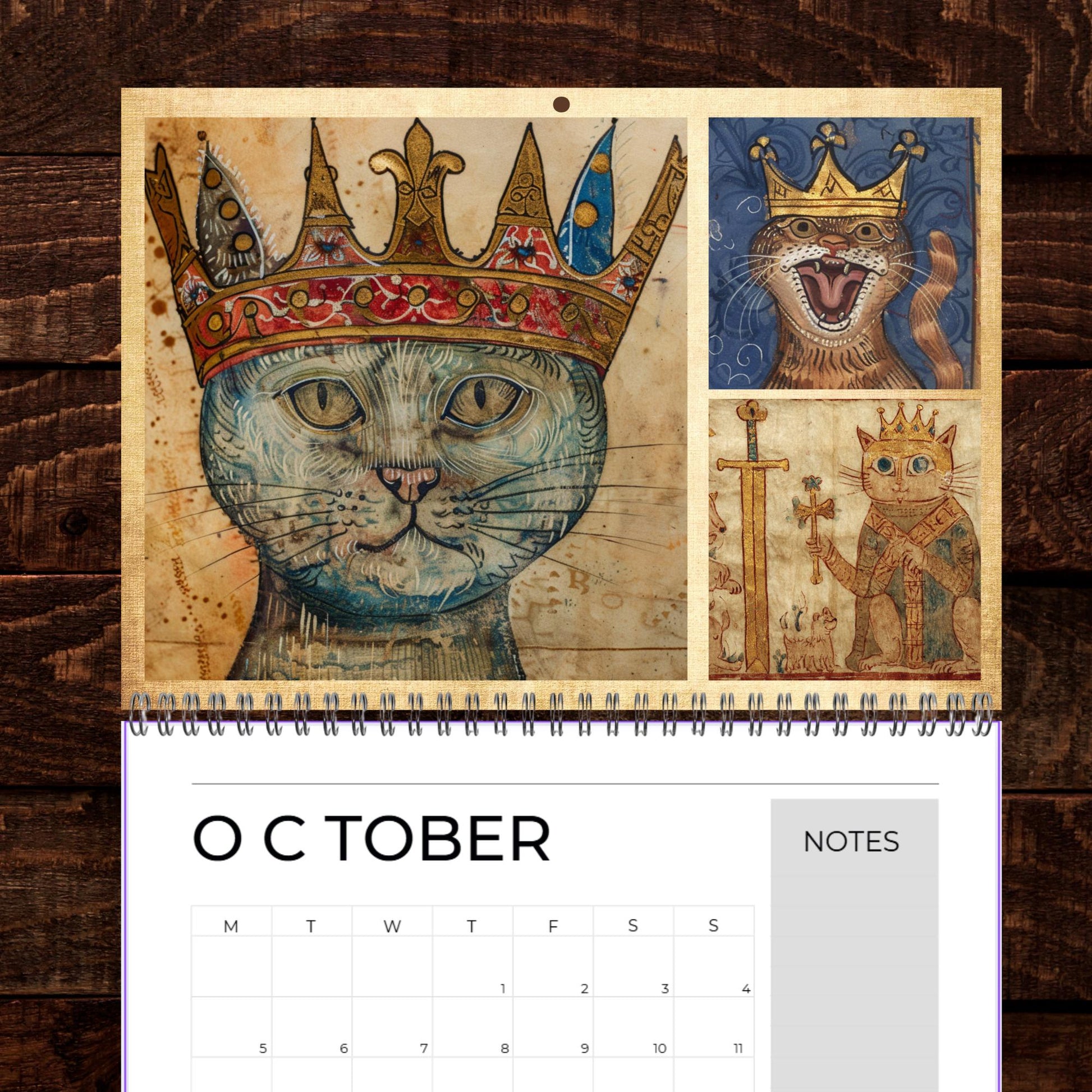 Medieval Cats with Crowns Calendar 2026, Quirky Weird Art Gift, Funny Historical Cat Artwork