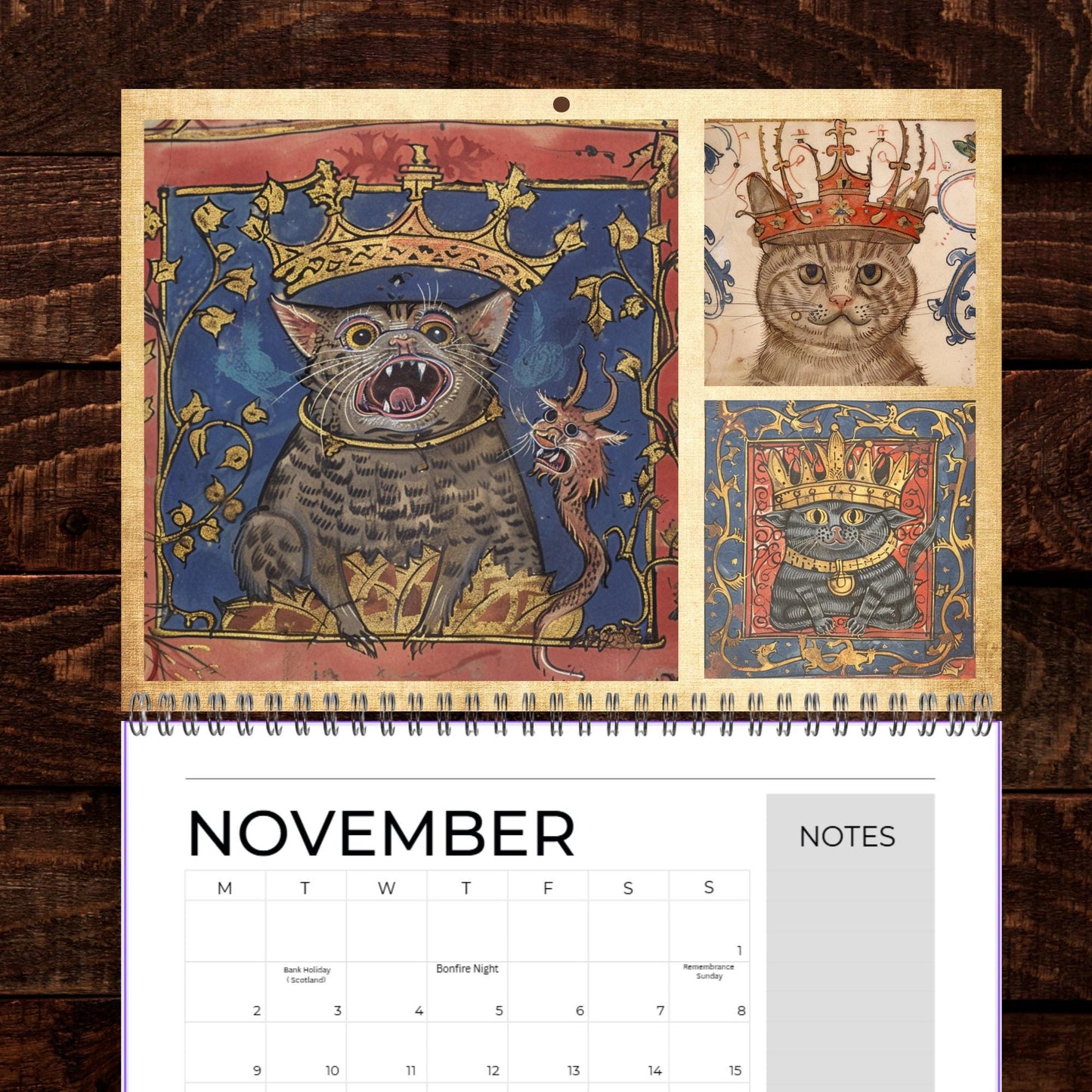 Medieval Cats with Crowns Calendar 2026, Quirky Weird Art Gift, Funny Historical Cat Artwork