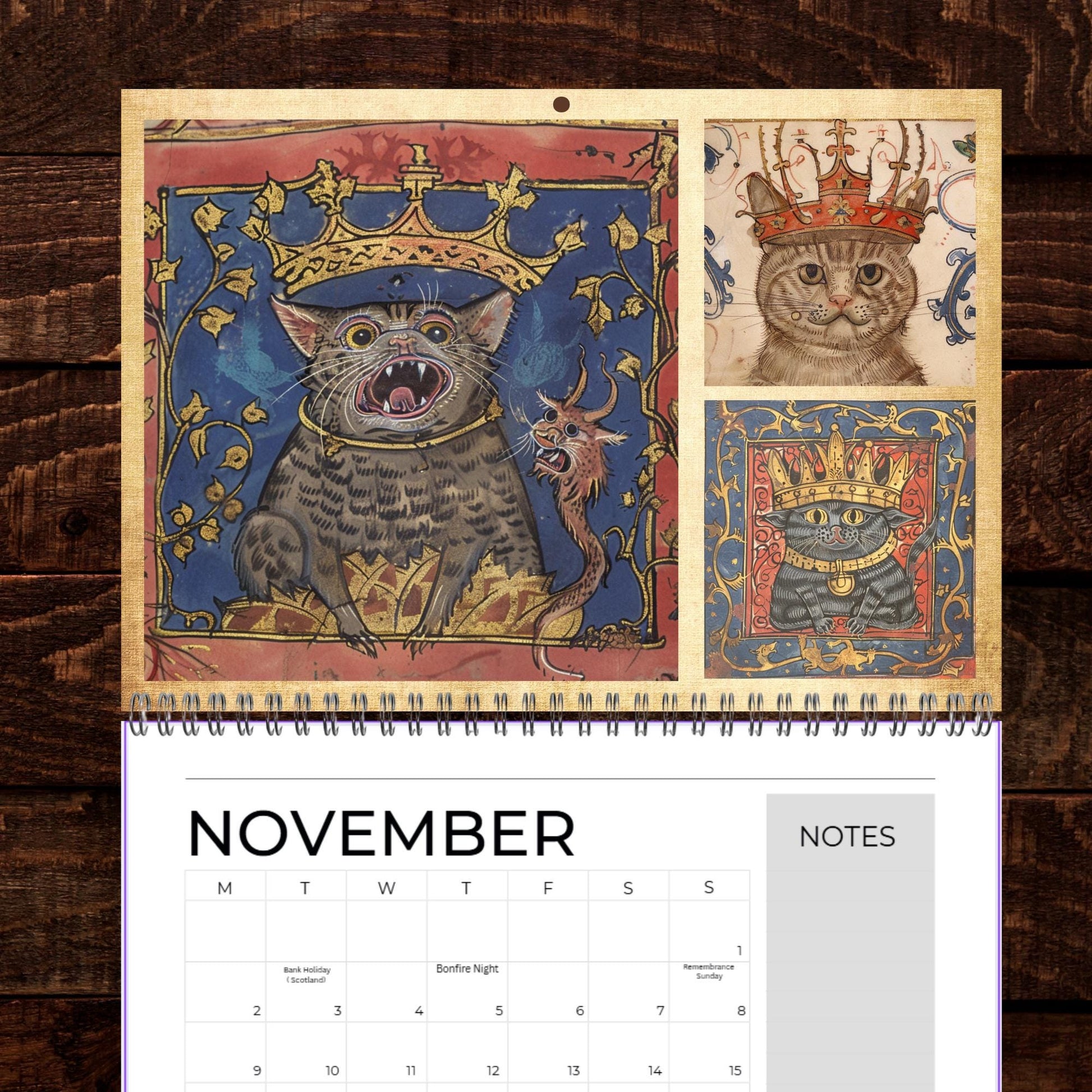 Medieval Cats with Crowns Calendar 2026, Quirky Weird Art Gift, Funny Historical Cat Artwork